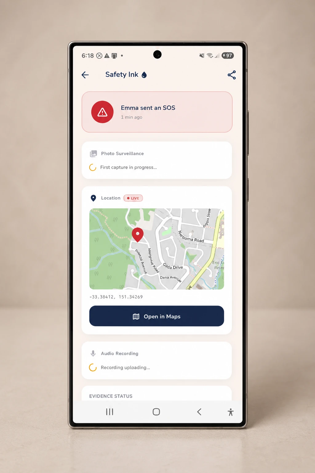 Safety Ink, trusted circle alert screen